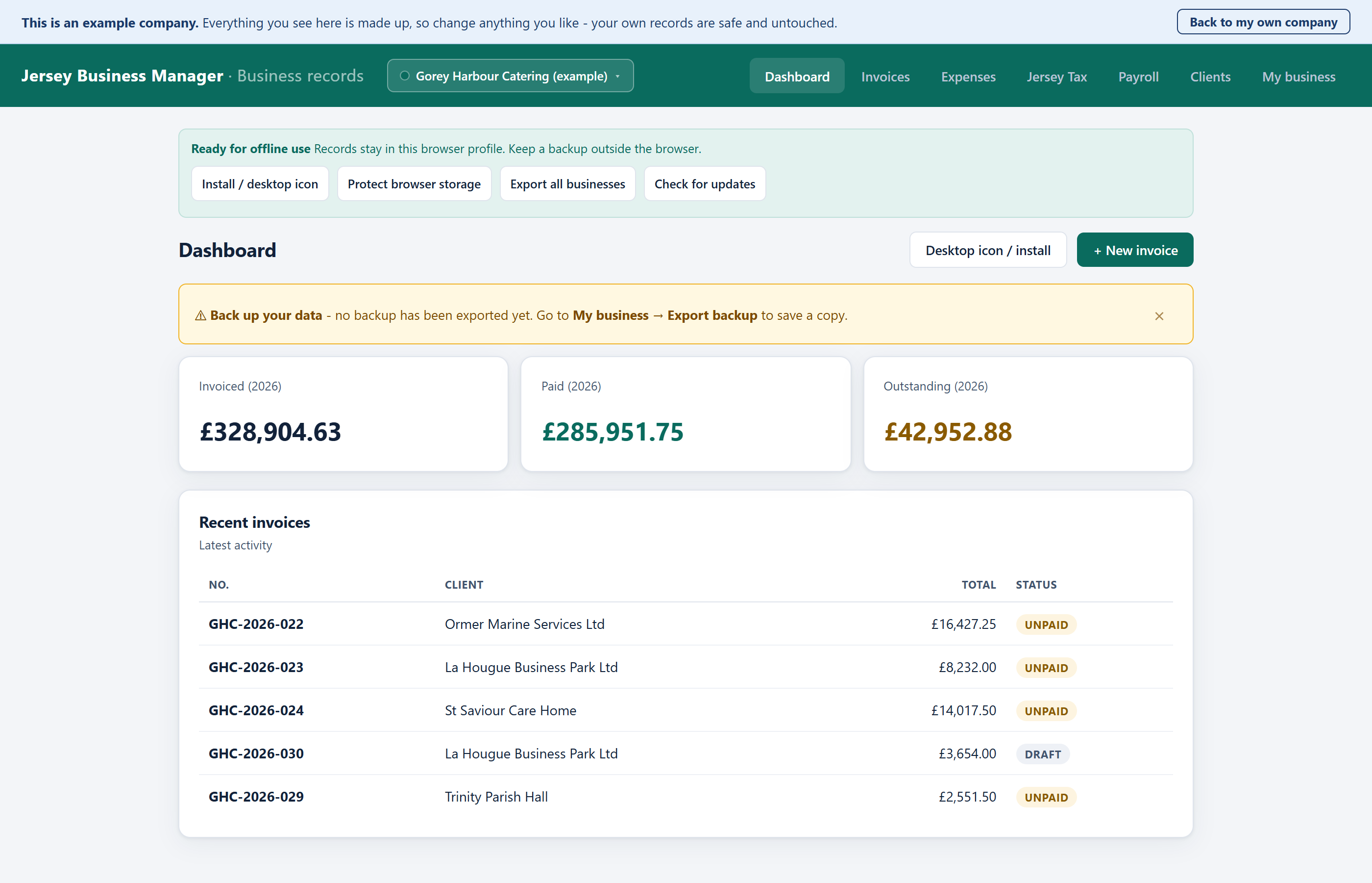 The dashboard of the catering example, showing amounts invoiced, paid and outstanding, and a list of recent invoices.