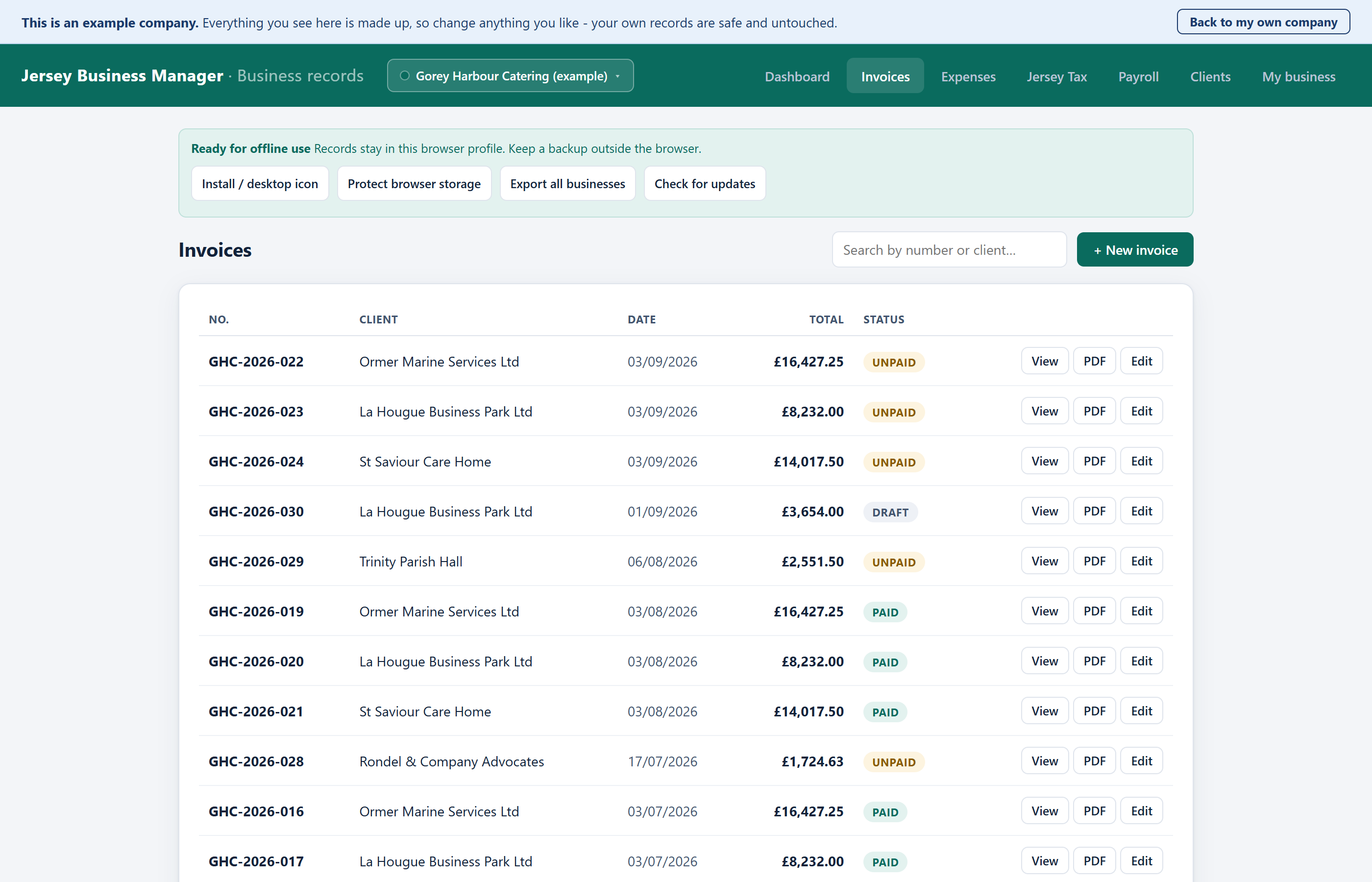 The invoice list, newest first, with View, PDF and Edit beside each one.