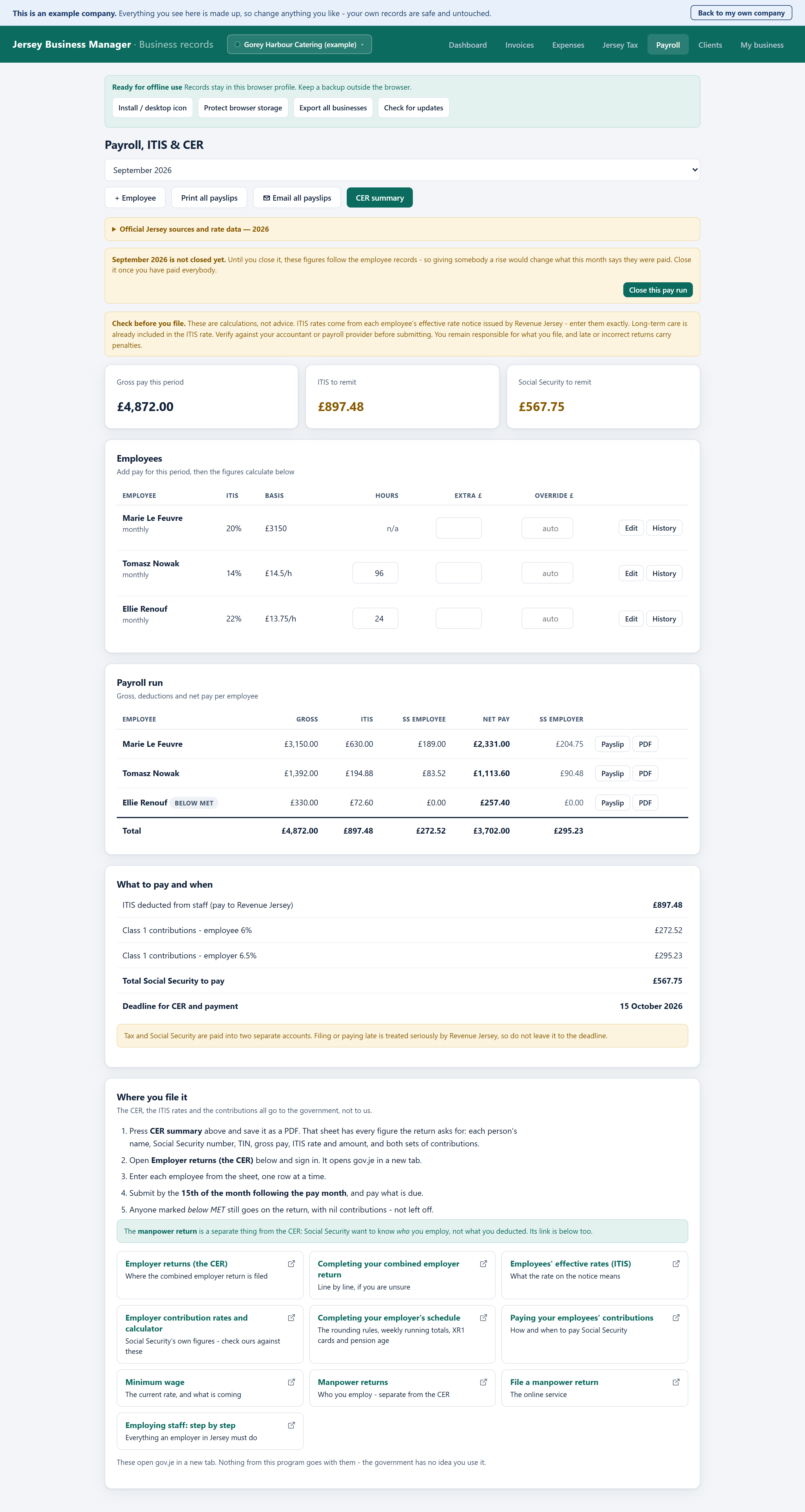The payroll screen showing employees, hours, and a calculated pay run with gross, ITIS, Social Security and net pay for each person.