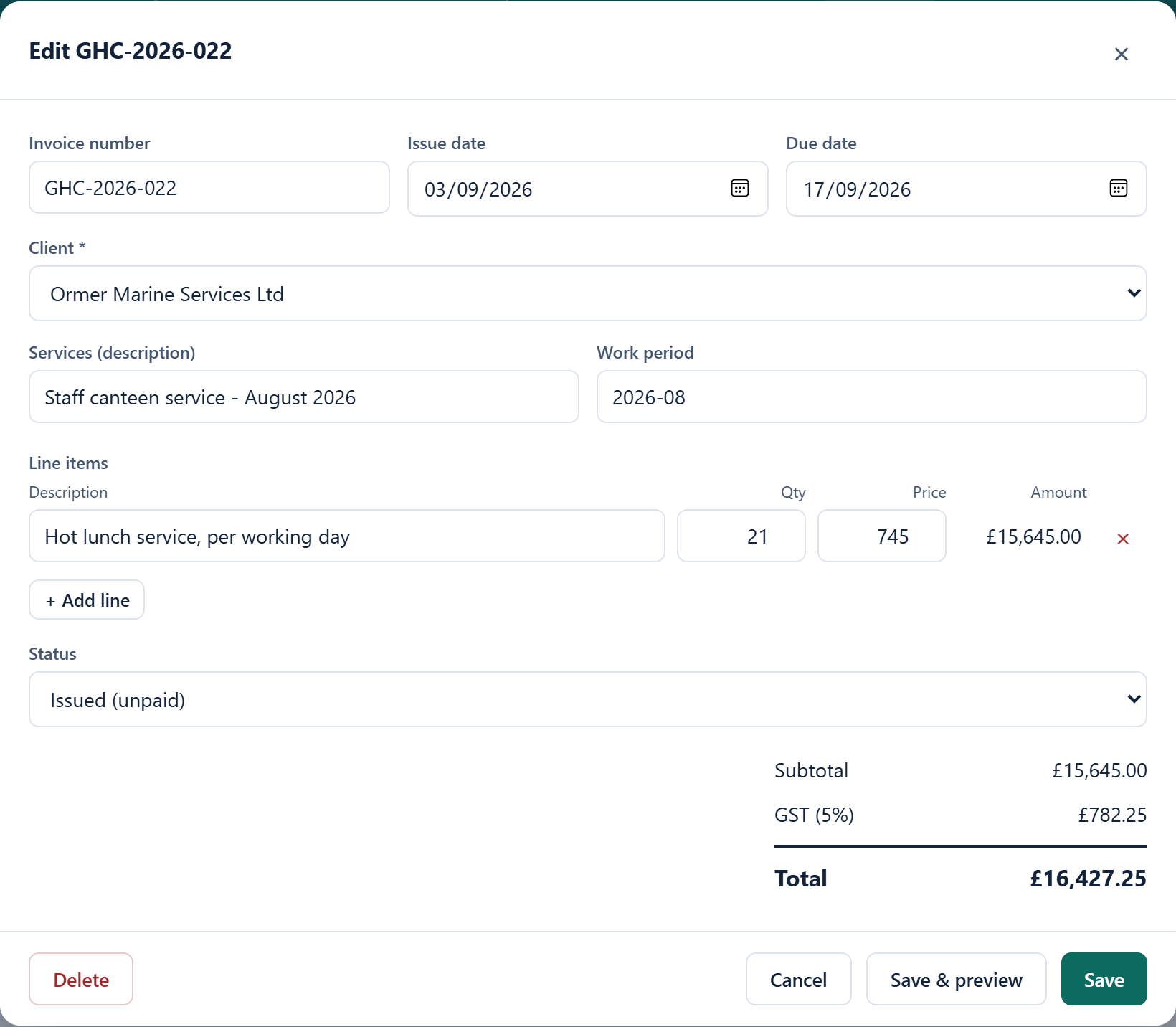 The new invoice window, with the customer, dates, description and three priced lines filled in.