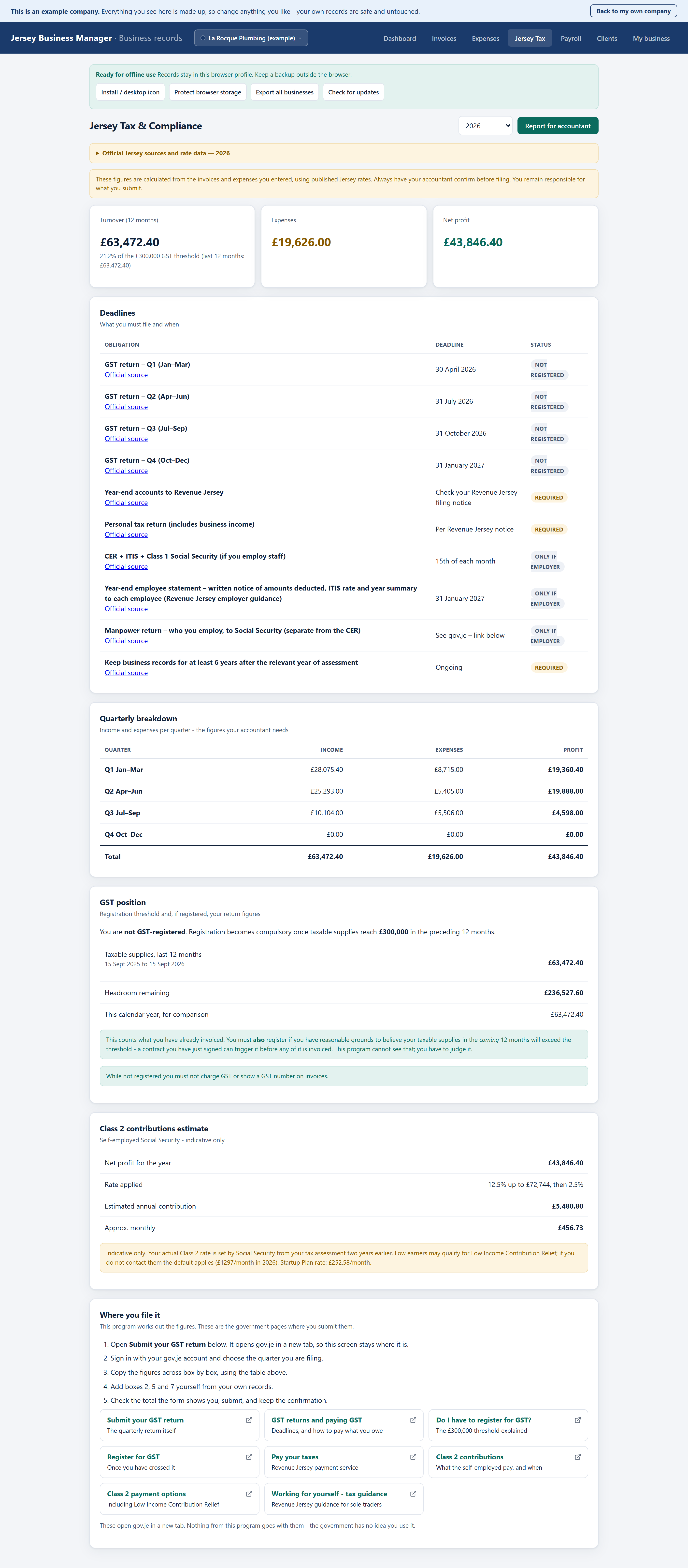 The Jersey Tax screen showing turnover against the GST threshold, a list of filing deadlines, a quarterly breakdown and a Class 2 contributions estimate.