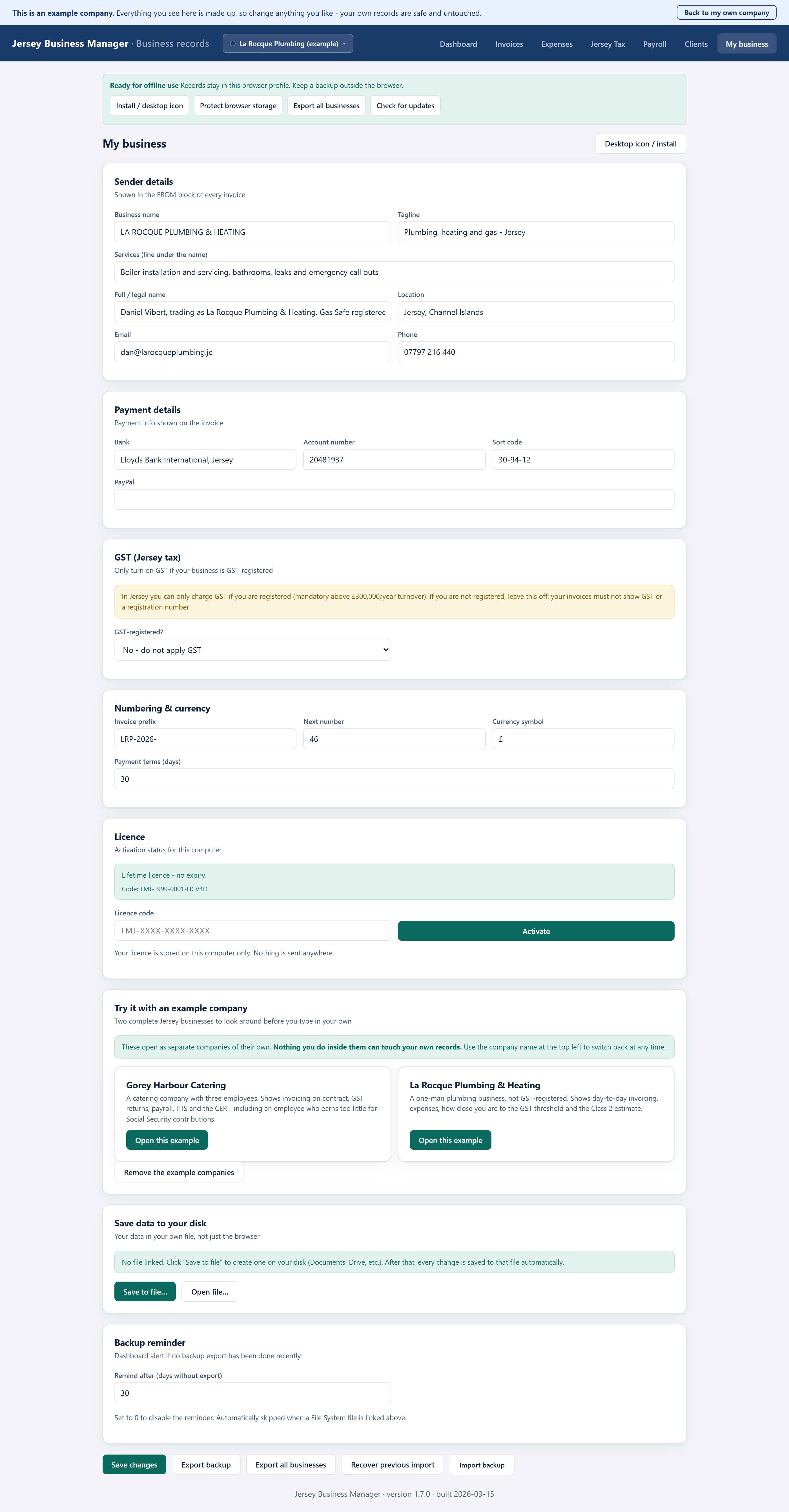 The My business screen, showing boxes for the business name, contact details, GST setting, invoice numbering and the licence.